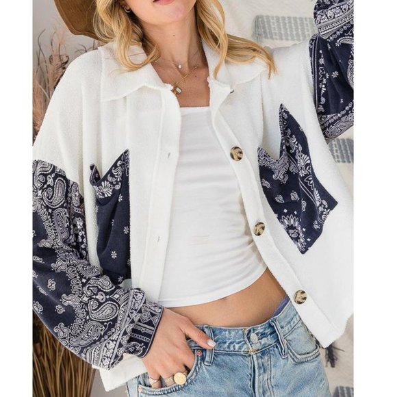 Bucket list Jackets & Blazers - Cropped Navy Paisley & White Shacket